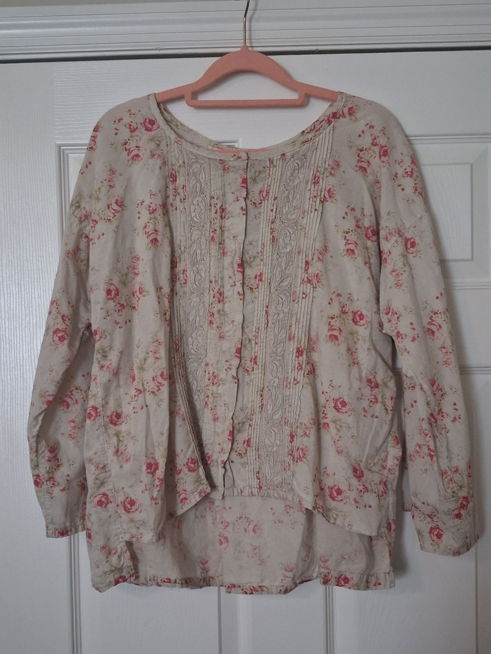 Magnolia Pearl Cream Button-Down Blouse with Pink Rose Print